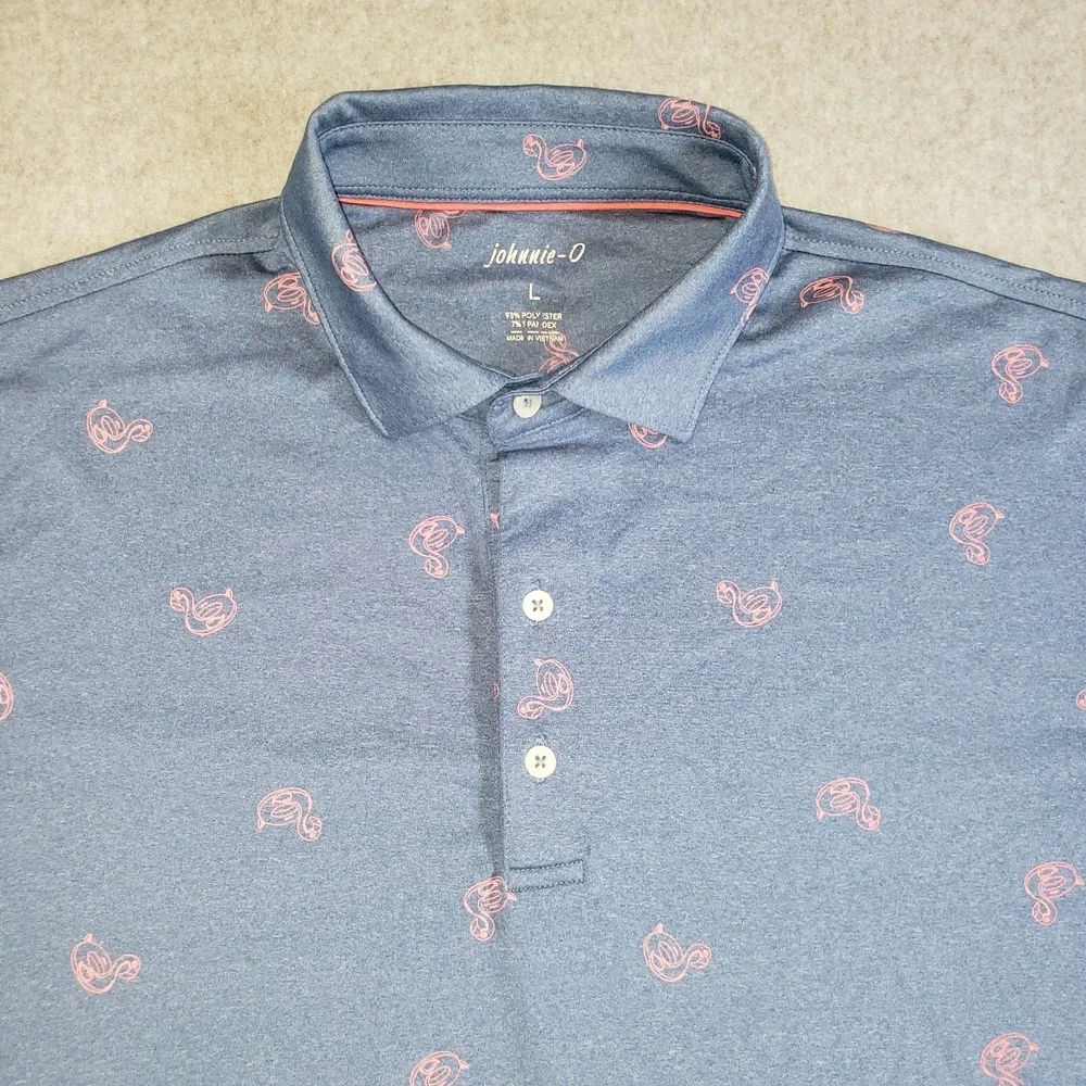 Johnnie-O Flamingo Floaty Polo Shirt Mens Lake Blue Pink Size L Short Sleeve - Picture 2 of 12